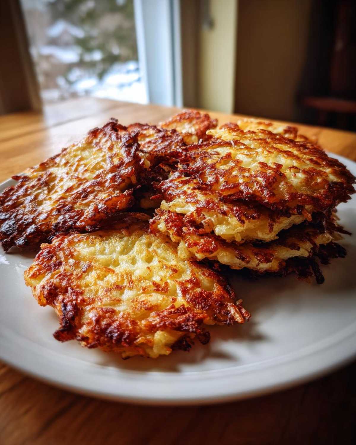 A stack of perfectly crispy, golden-brown potato pancakes served on a white plate indoors.