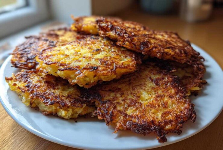 A stack of perfectly crispy, golden-brown potato pancakes served on a white plate, ready to eat.