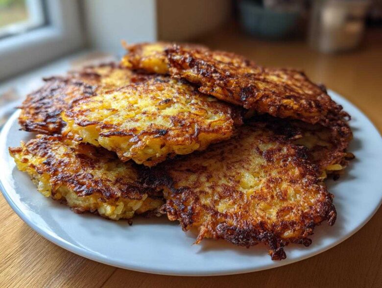 A stack of perfectly crispy, golden-brown potato pancakes served on a white plate, ready to eat.