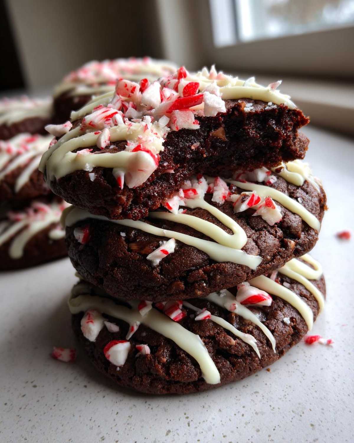 A stack of three rich, dark double chocolate peppermint cookies topped with white chocolate drizzle and crushed candy canes.