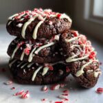 A stack of rich, dark double chocolate peppermint cookies drizzled with white chocolate and topped with crushed candy canes.