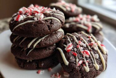 A stack of rich, dark double chocolate peppermint cookies drizzled with white chocolate and topped with crushed candy canes.