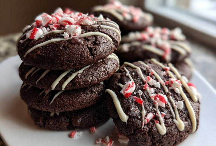 A stack of rich, dark double chocolate peppermint cookies drizzled with white chocolate and topped with crushed candy canes.