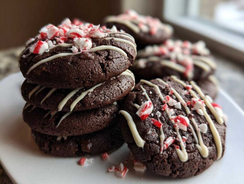 A stack of rich, dark double chocolate peppermint cookies drizzled with white chocolate and topped with crushed candy canes.