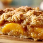 A close-up, mouthwatering slice of Southern peach cobbler showing juicy orange peaches beneath a thick, golden brown crumble topping.