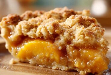 A close-up, mouthwatering slice of Southern peach cobbler showing juicy orange peaches beneath a thick, golden brown crumble topping.