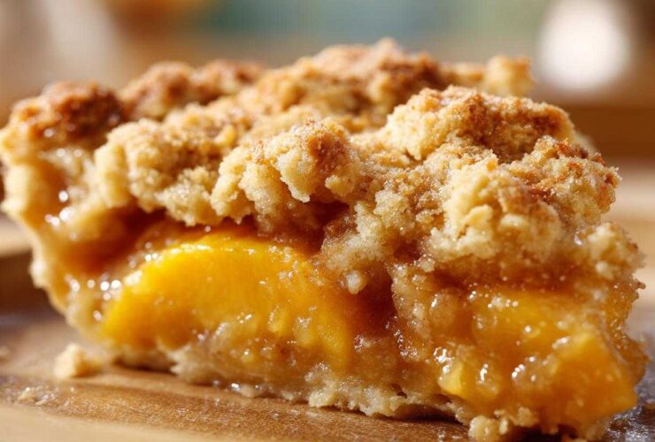 A close-up, mouthwatering slice of Southern peach cobbler showing juicy orange peaches beneath a thick, golden brown crumble topping.