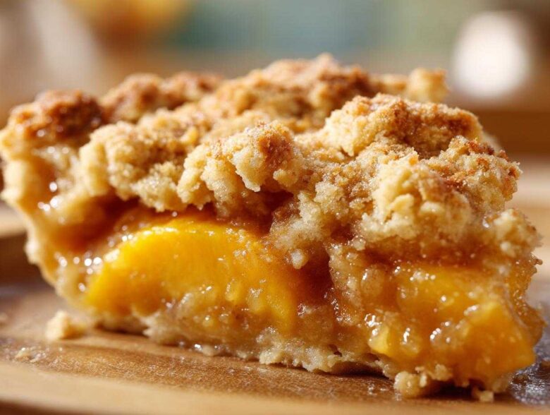 A close-up, mouthwatering slice of Southern peach cobbler showing juicy orange peaches beneath a thick, golden brown crumble topping.