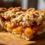 A close-up shot of a delicious slice of Southern peach cobbler showing warm, gooey peach filling and a thick, crumbly topping.