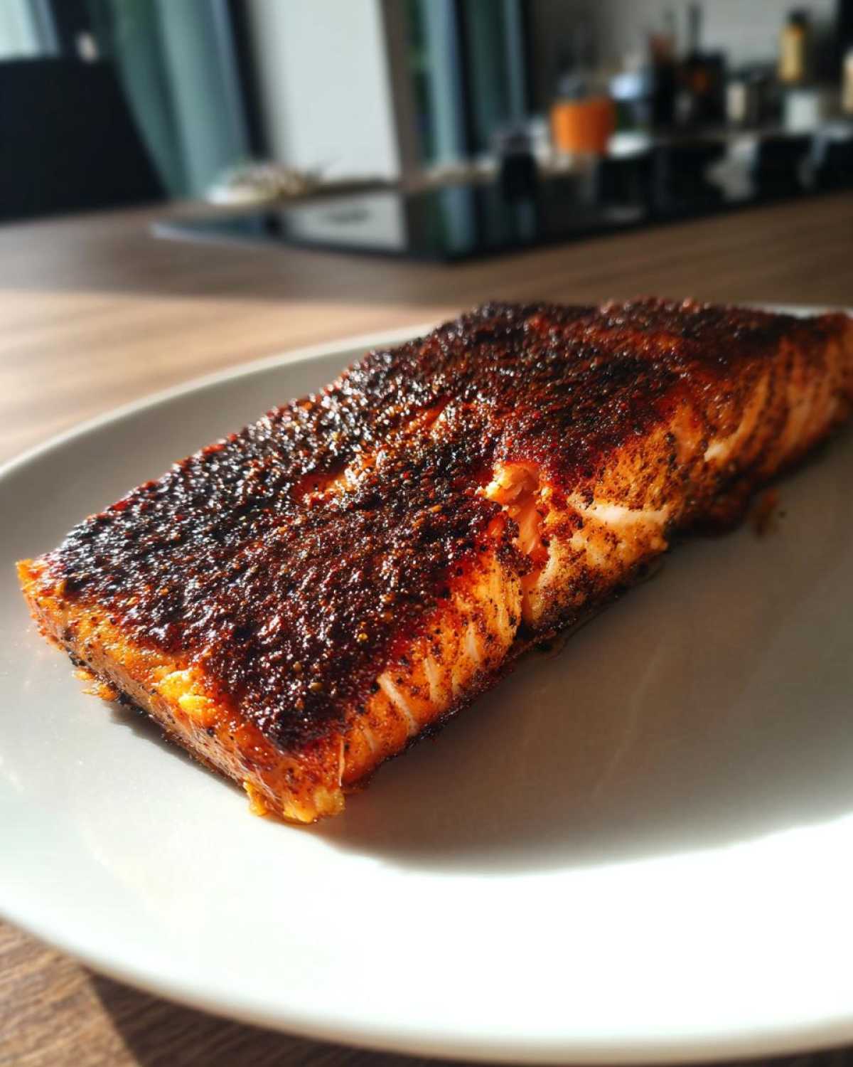 A close-up of a perfectly cooked fillet of blackened salmon with a dark, spicy crust on a white plate.