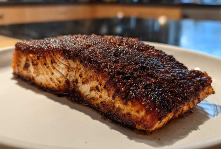 A close-up of a thick fillet of blackened salmon with a dark, spicy crust resting on a white plate.