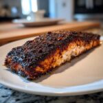 Close-up of a thick fillet of blackened salmon showing a dark, flavorful crust on a white plate.