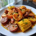A close-up of a plate featuring a flavorful shrimp boil with seasoned shrimp, smoked sausage slices, potatoes, and corn on the cob.
