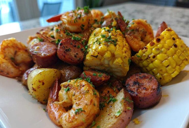 A close-up of a plated, seasoned shrimp boil featuring shrimp, corn on the cob, smoked sausage, and red potatoes.