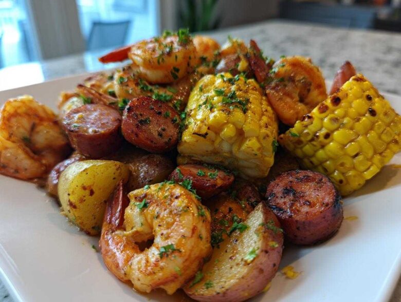 A close-up of a plated, seasoned shrimp boil featuring shrimp, corn on the cob, smoked sausage, and red potatoes.