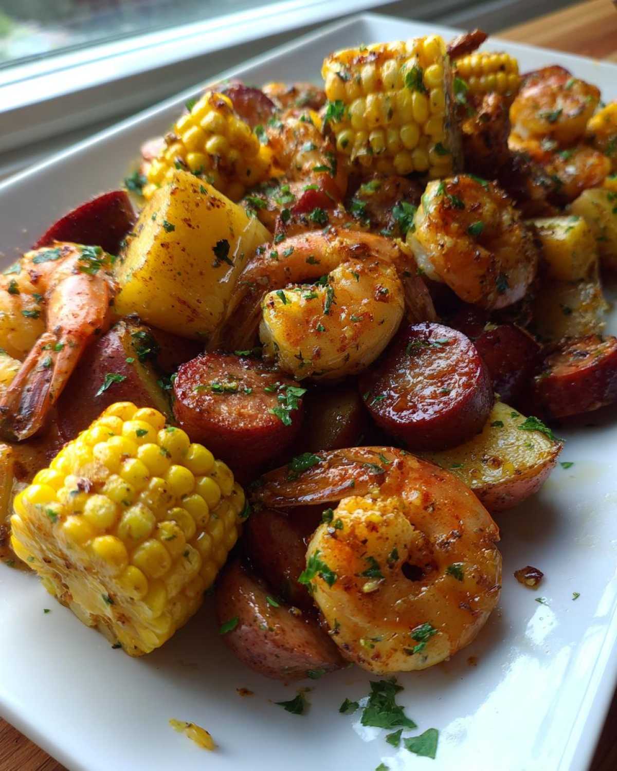 A close-up of a serving of easy shrimp boil featuring seasoned shrimp, corn on the cob, potatoes, and sausage slices.