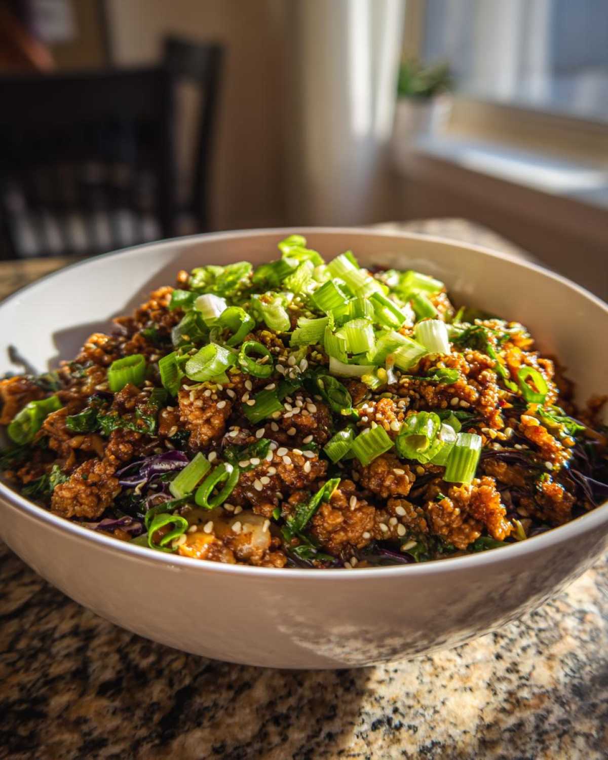 A close-up of a hearty bowl of egg roll in a bowl mixture topped with fresh green onions and sesame seeds.
