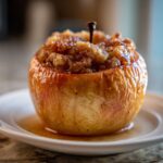Close-up of a glistening, golden brown baked apple stuffed with a sweet, crumbly cinnamon filling.