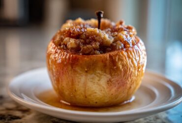 Close-up of a glistening, golden brown baked apple stuffed with a sweet, crumbly cinnamon filling.