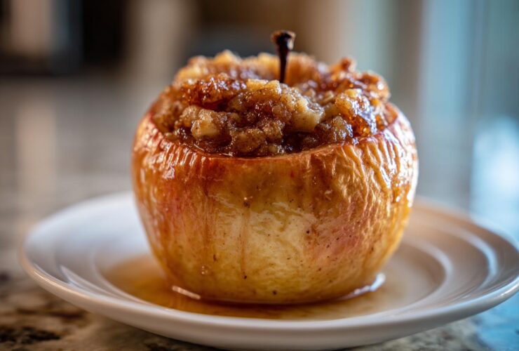 Close-up of a glistening, golden brown baked apple stuffed with a sweet, crumbly cinnamon filling.