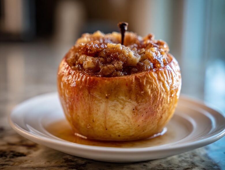 Close-up of a glistening, golden brown baked apple stuffed with a sweet, crumbly cinnamon filling.