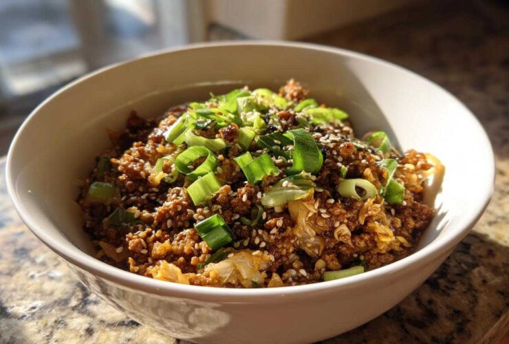 A close-up of a hearty serving of egg roll in a bowl, garnished generously with sliced green onions and sesame seeds.