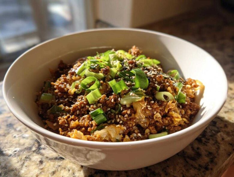 A close-up of a hearty serving of egg roll in a bowl, garnished generously with sliced green onions and sesame seeds.