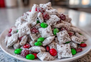 A mound of powdered sugar-coated christmas puppy chow mixed with red and green candies on a white plate.