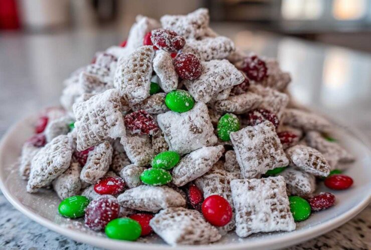 A mound of powdered sugar-coated christmas puppy chow mixed with red and green candies on a white plate.