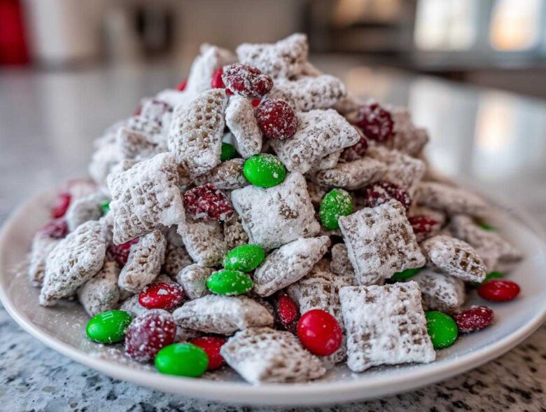 A mound of powdered sugar-coated christmas puppy chow mixed with red and green candies on a white plate.