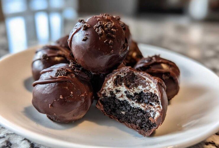 A pile of decadent chocolate-covered Oreo balls, one cut in half showing the dark cookie and cream filling.