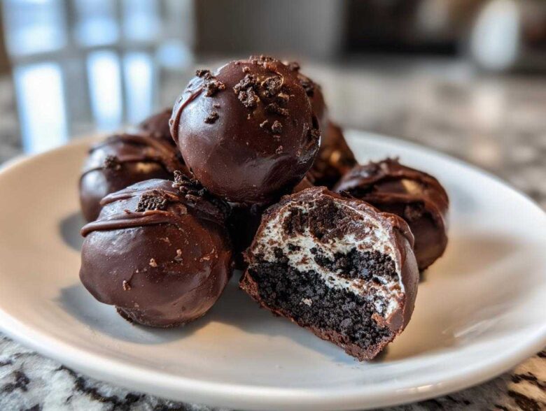 A pile of decadent chocolate-covered Oreo balls, one cut in half showing the dark cookie and cream filling.