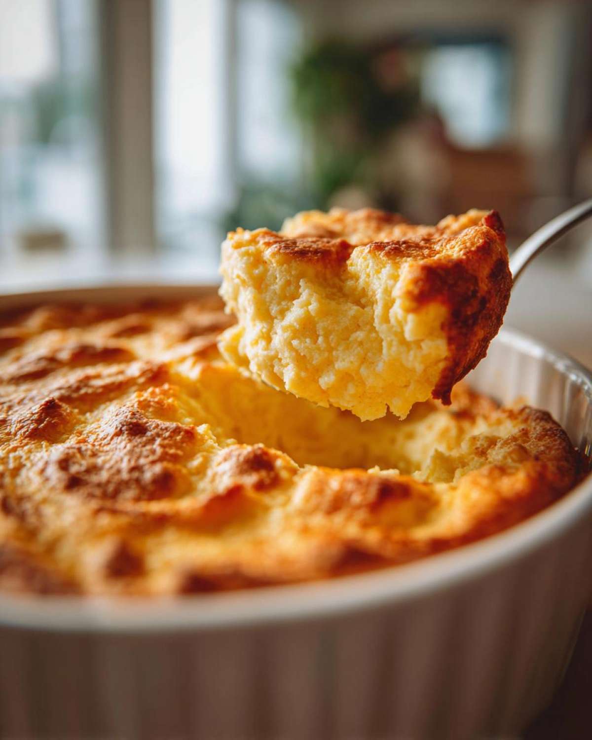 A spoonful of light and fluffy baked mashed potatoes lifted from a golden-brown casserole dish.