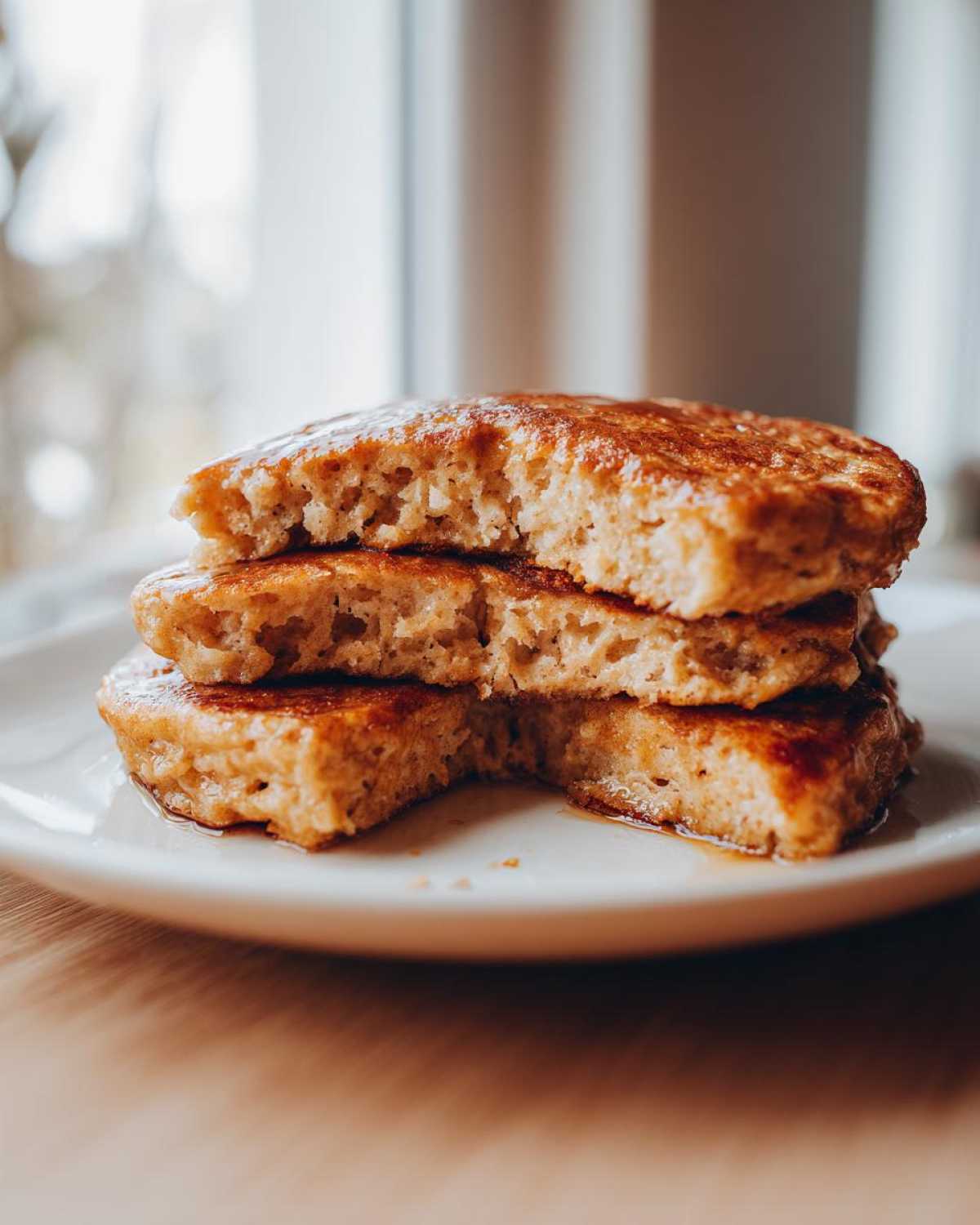 Close-up of a stack of fluffy banana pancakes cut open to show the texture, drizzled with syrup.