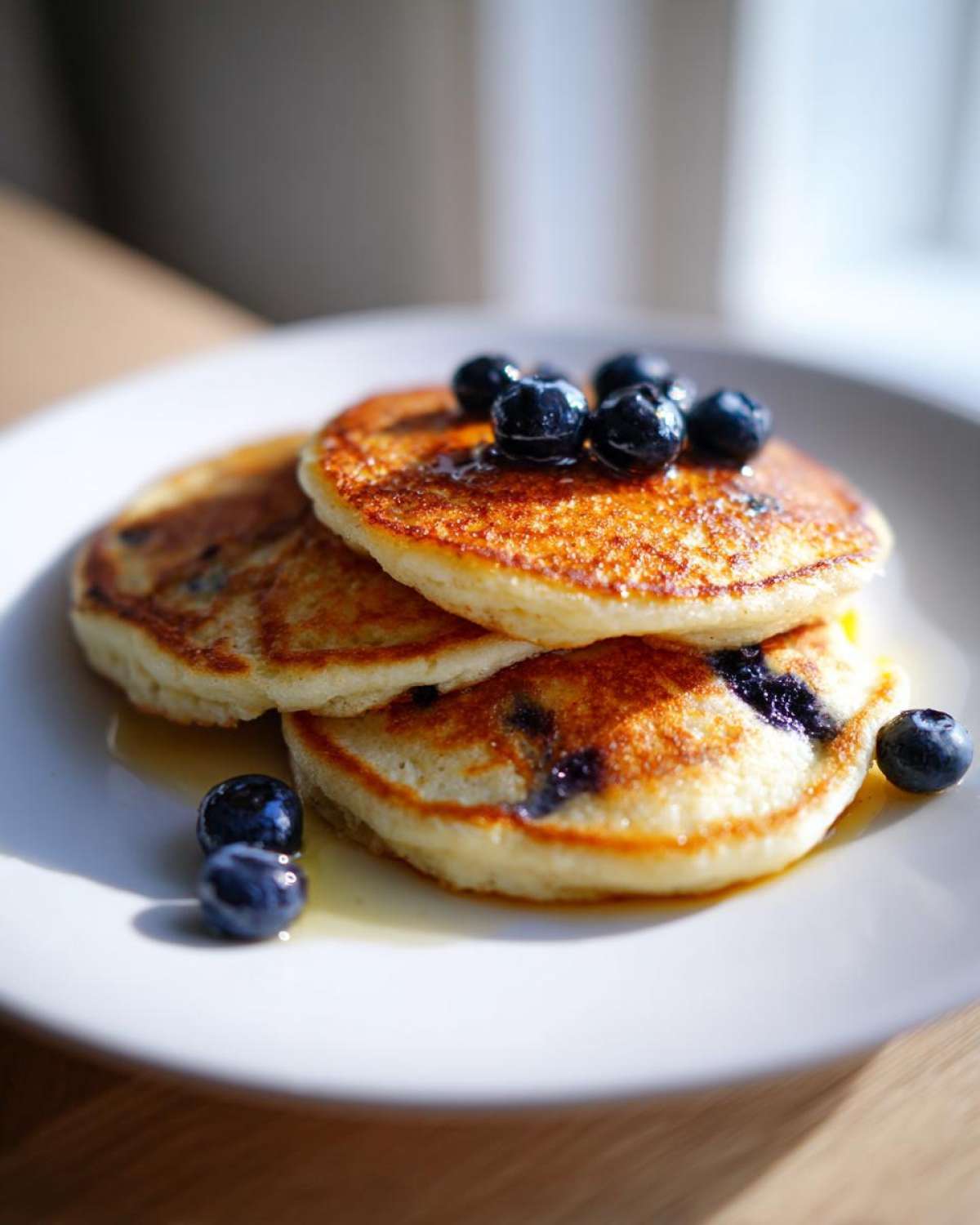 A stack of three golden-brown coconut flour pancakes topped with fresh blueberries and syrup on a white plate.