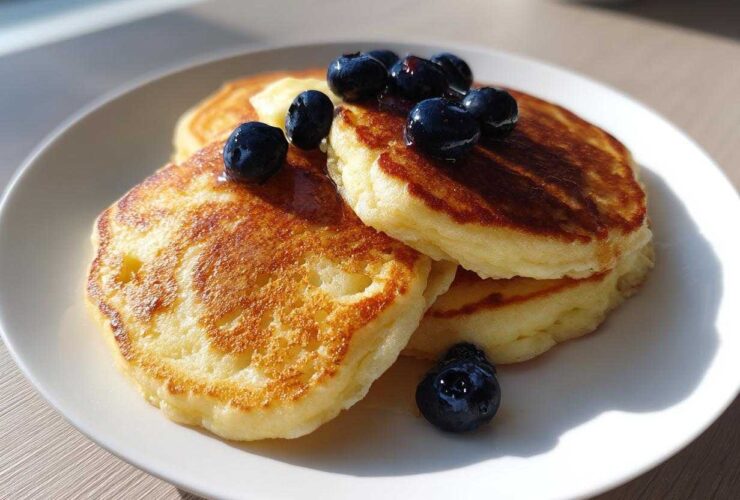 Stack of three golden brown coconut flour pancakes topped with fresh blueberries and syrup on a white plate.