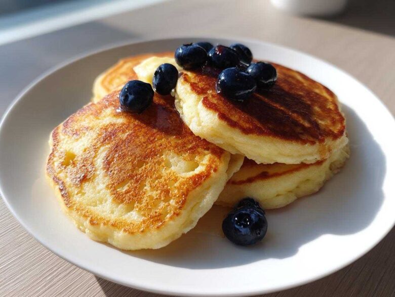 Stack of three golden brown coconut flour pancakes topped with fresh blueberries and syrup on a white plate.