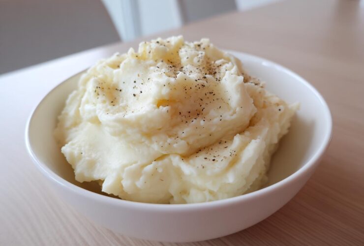 A close-up of a generous serving of fluffy mashed potatoes topped with cracked black pepper in a white bowl.