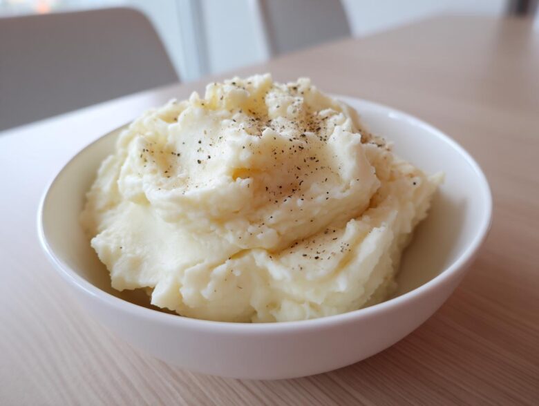 A close-up of a generous serving of fluffy mashed potatoes topped with cracked black pepper in a white bowl.