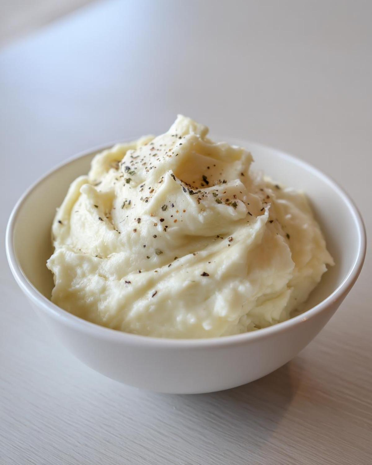 A close-up of incredibly fluffy mashed potatoes, seasoned with pepper, served in a simple white bowl.