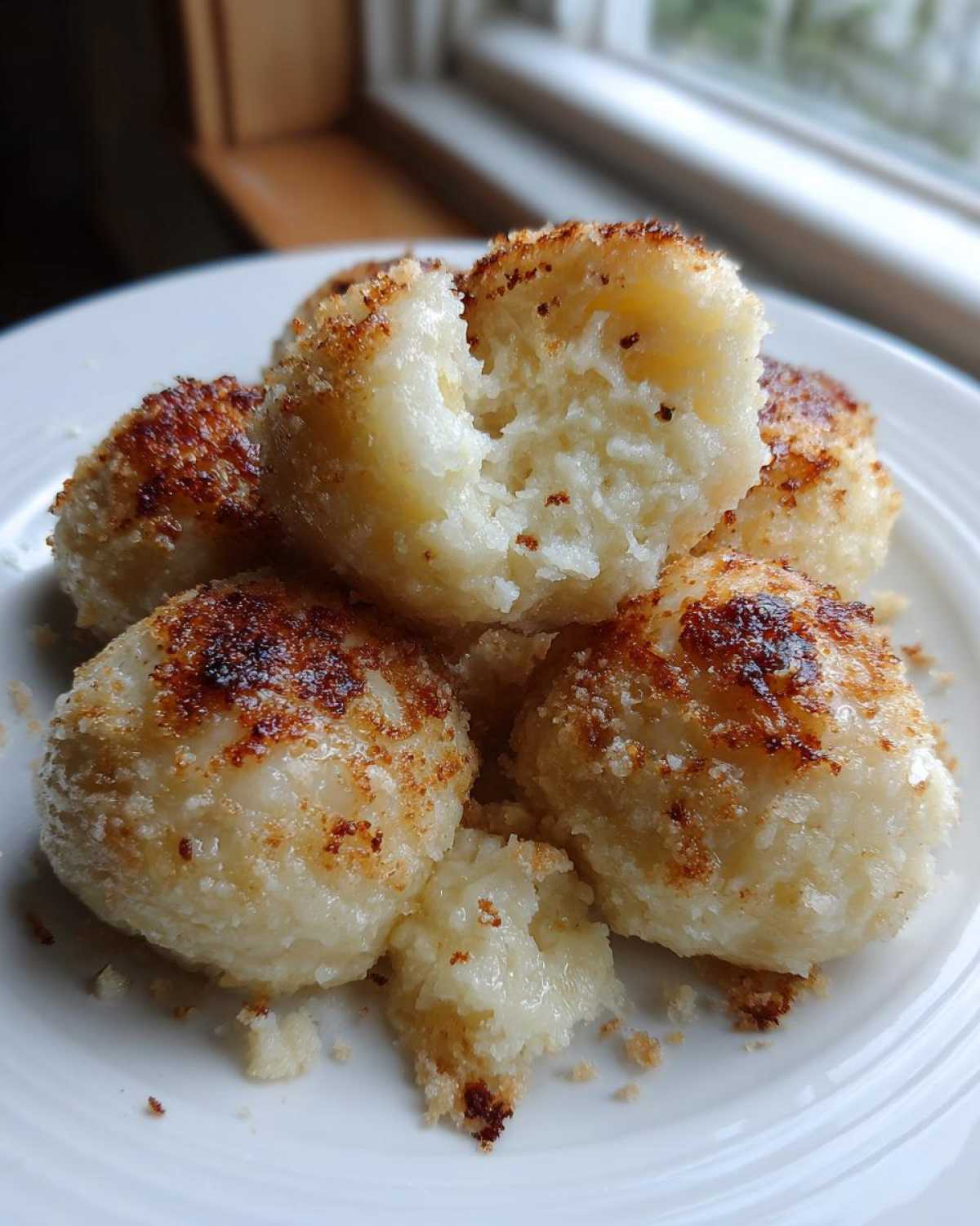Close-up of several golden-brown, pan-fried potato dumplings piled on a white plate, showing a fluffy interior.