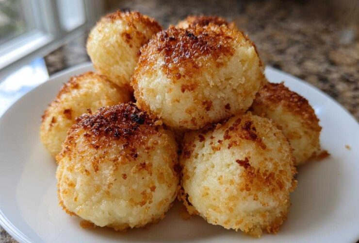 A pile of golden brown, pan-fried potato dumplings served on a white plate.