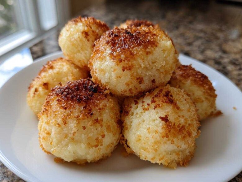 A pile of golden brown, pan-fried potato dumplings served on a white plate.