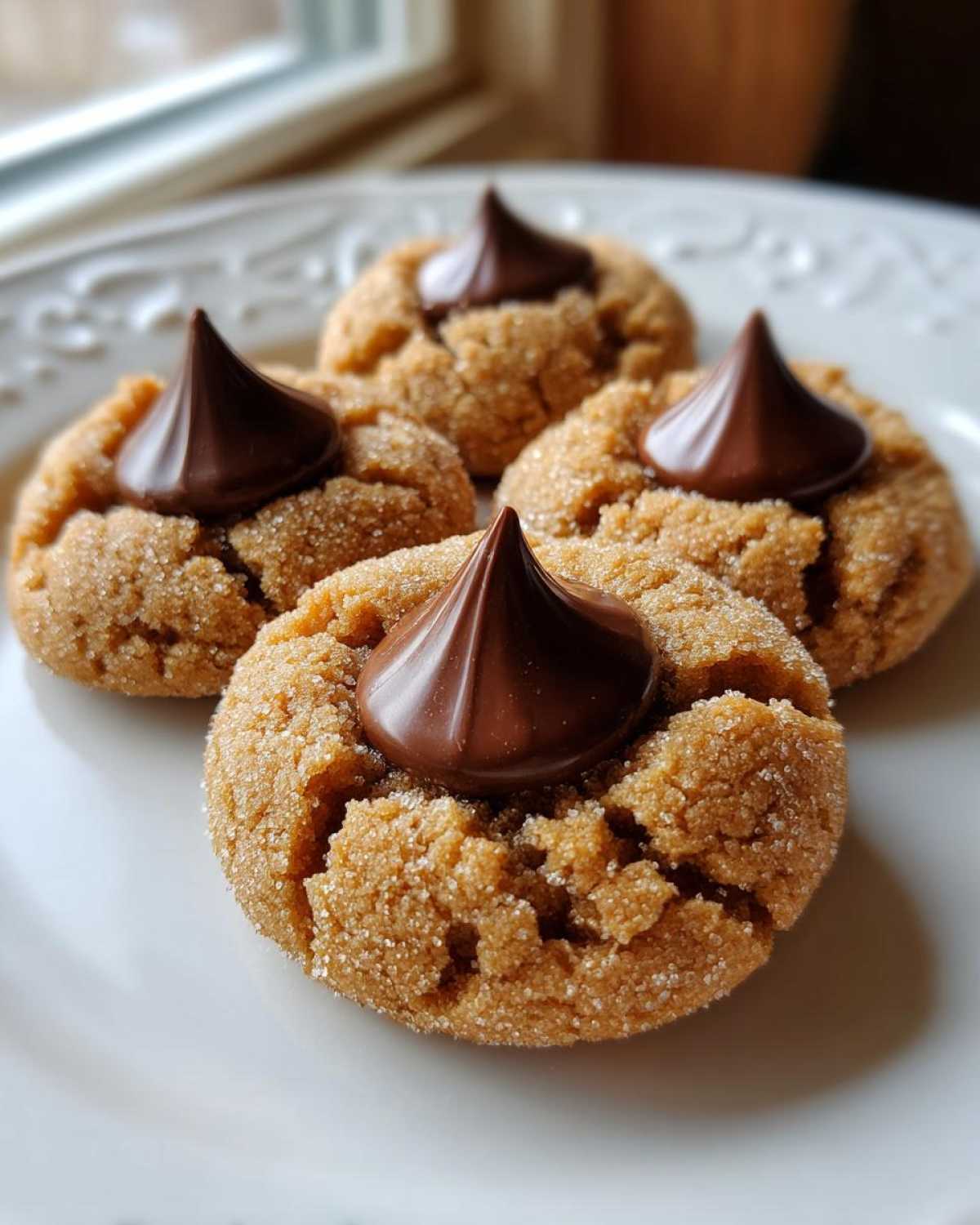 Close-up of four classic peanut butter blossoms cookies rolled in sugar, each topped with a chocolate kiss.