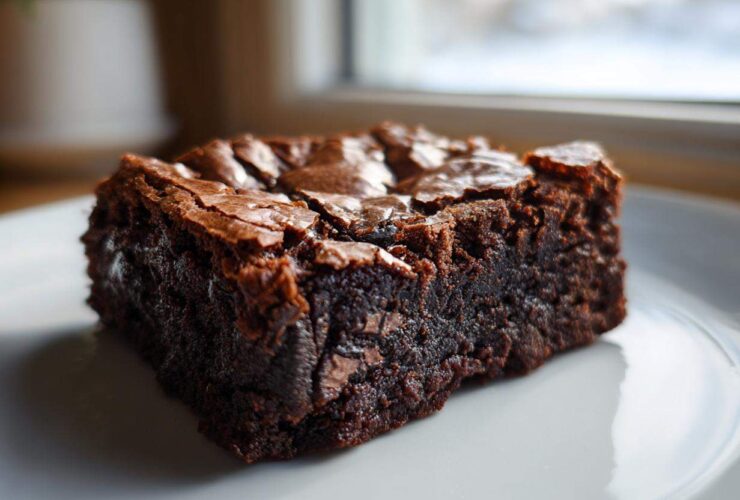 A close-up of a dense, fudgy slice of Oreo brownies with a shiny, crackly top.