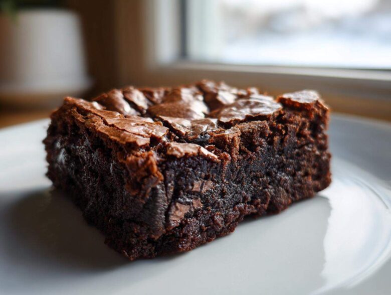 A close-up of a dense, fudgy slice of Oreo brownies with a shiny, crackly top.