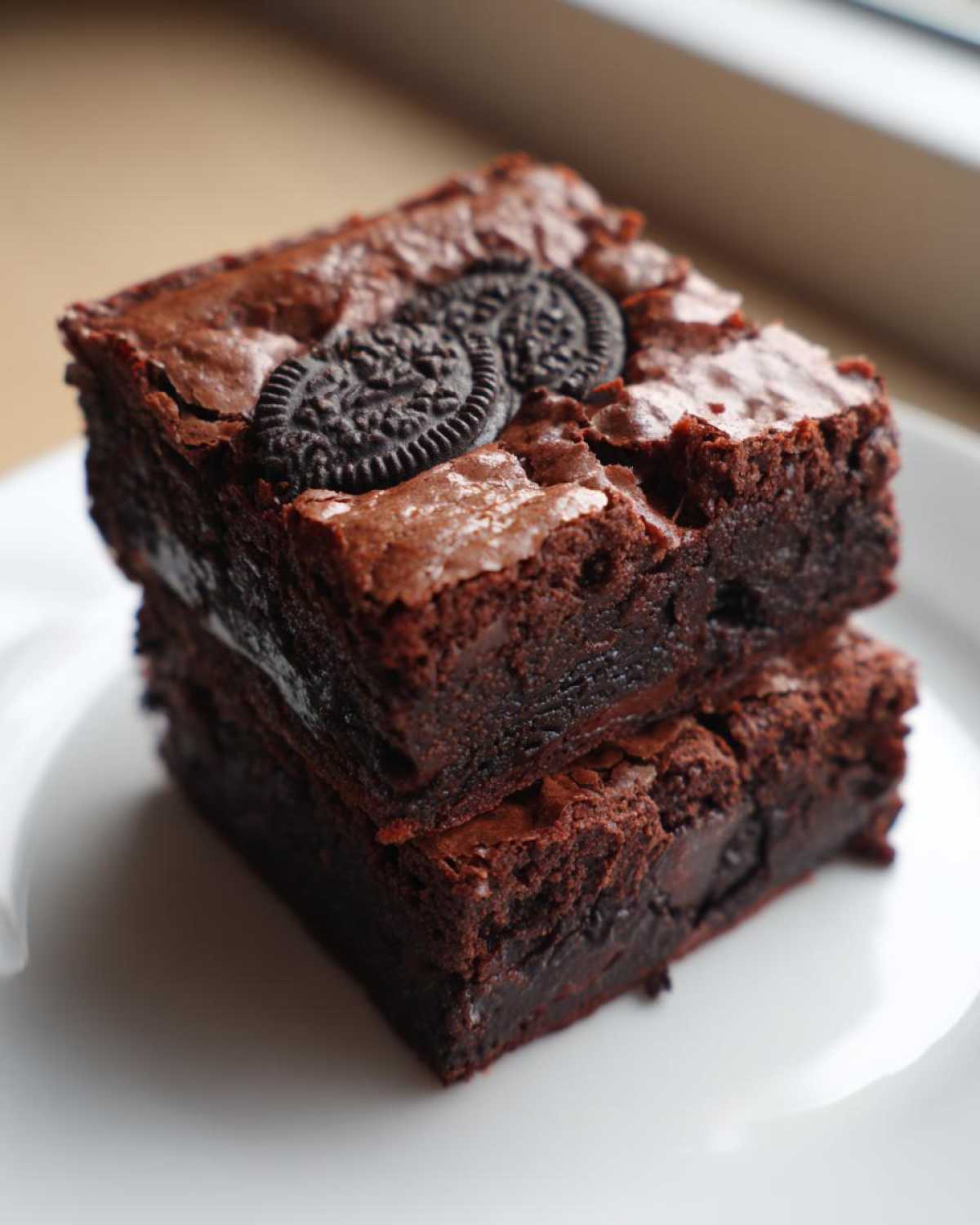 Two stacked, fudgy Oreo brownies with a crackly top, garnished with two Oreo halves.