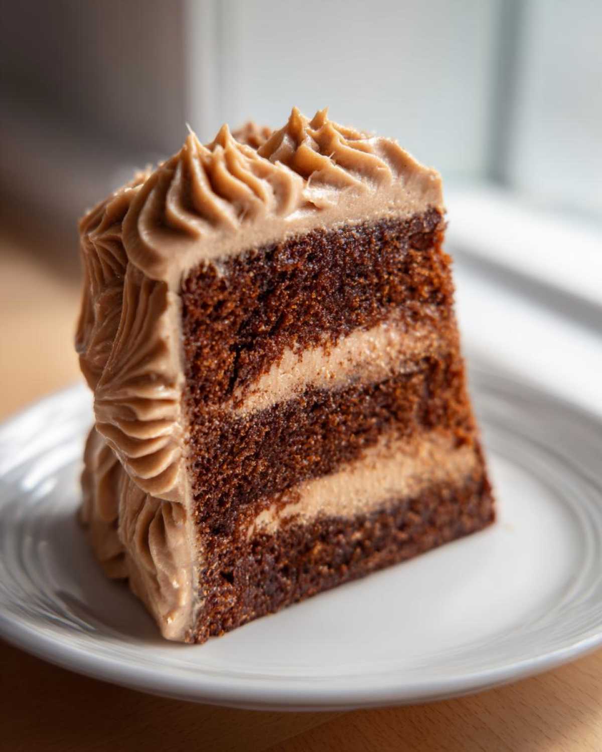 Close-up of a rich, dark gingerbread latte cake layered with coffee-colored frosting.