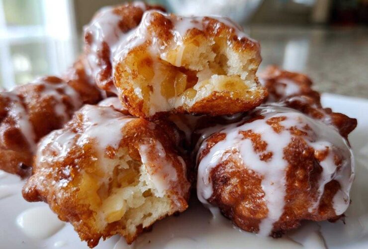 Close-up of several golden brown, glazed apple fritter pieces piled on a plate, showing the soft, apple-filled interior.