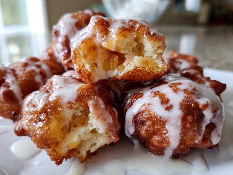 Close-up of several golden brown, glazed apple fritter pieces piled on a plate, showing the soft, apple-filled interior.